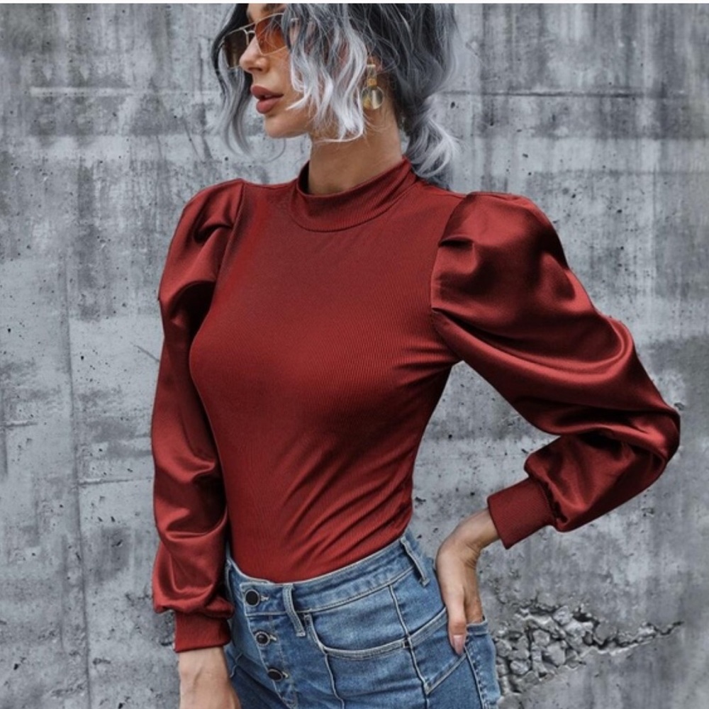 Ribbed Long Sleeve Puff Top- BLUE - Picture 10 of 13